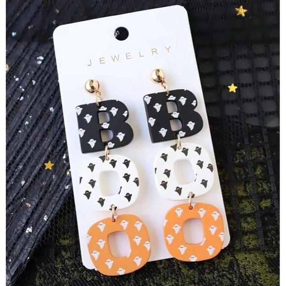 Halloween BOO Dangling Earrings Black Orange and White - Picture 1 of 3